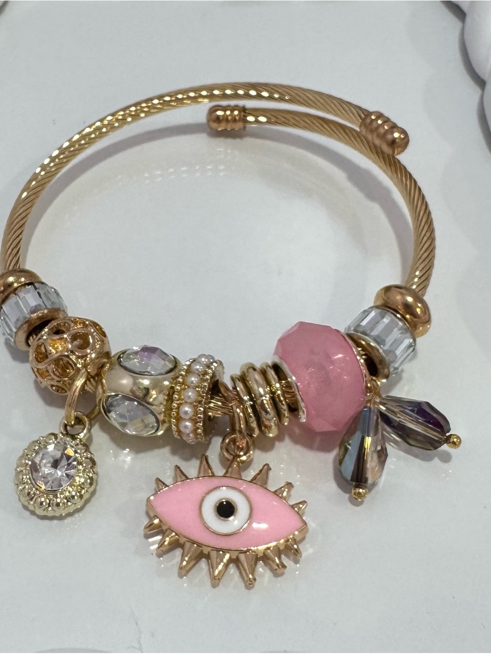 New Gold-Tone Cuff Bracelet with Pink Evil Eye Charm